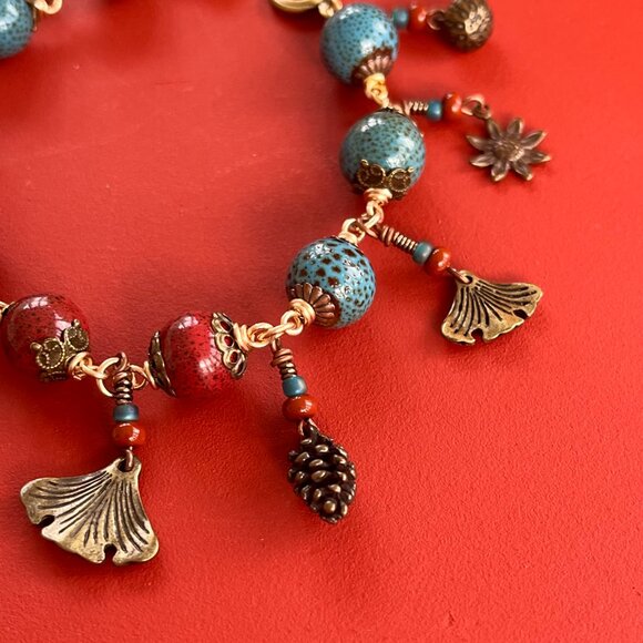 Boho Bracelet, Ceramic Beads, Nature Charms, Handmade Whimsical Jewelry - Picture 8 of 10